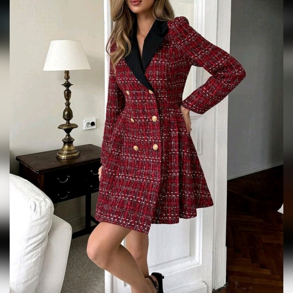 Women's Elegant Contrast Color Textured Fabric Long Sleeve Waist Cinched A-Line - Picture 3 of 4